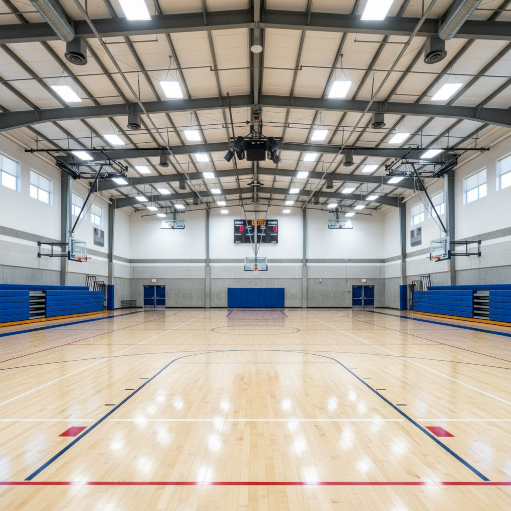 Gymnasium interior with bright overhead lights, empty court waiting for players