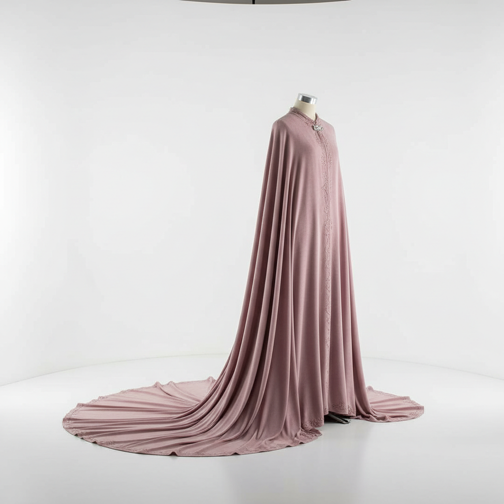Oversized wool cape in forest green, autumnal woodland backdrop, editorial luxury