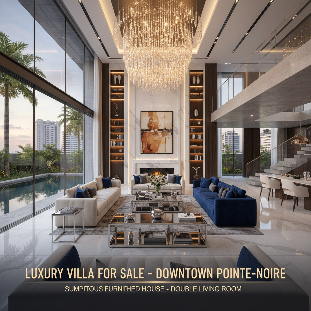 Luxurious modern villa living room with high ceilings, marble floors, designer furniture and floor-to-ceiling windows overlooking a tropical garden