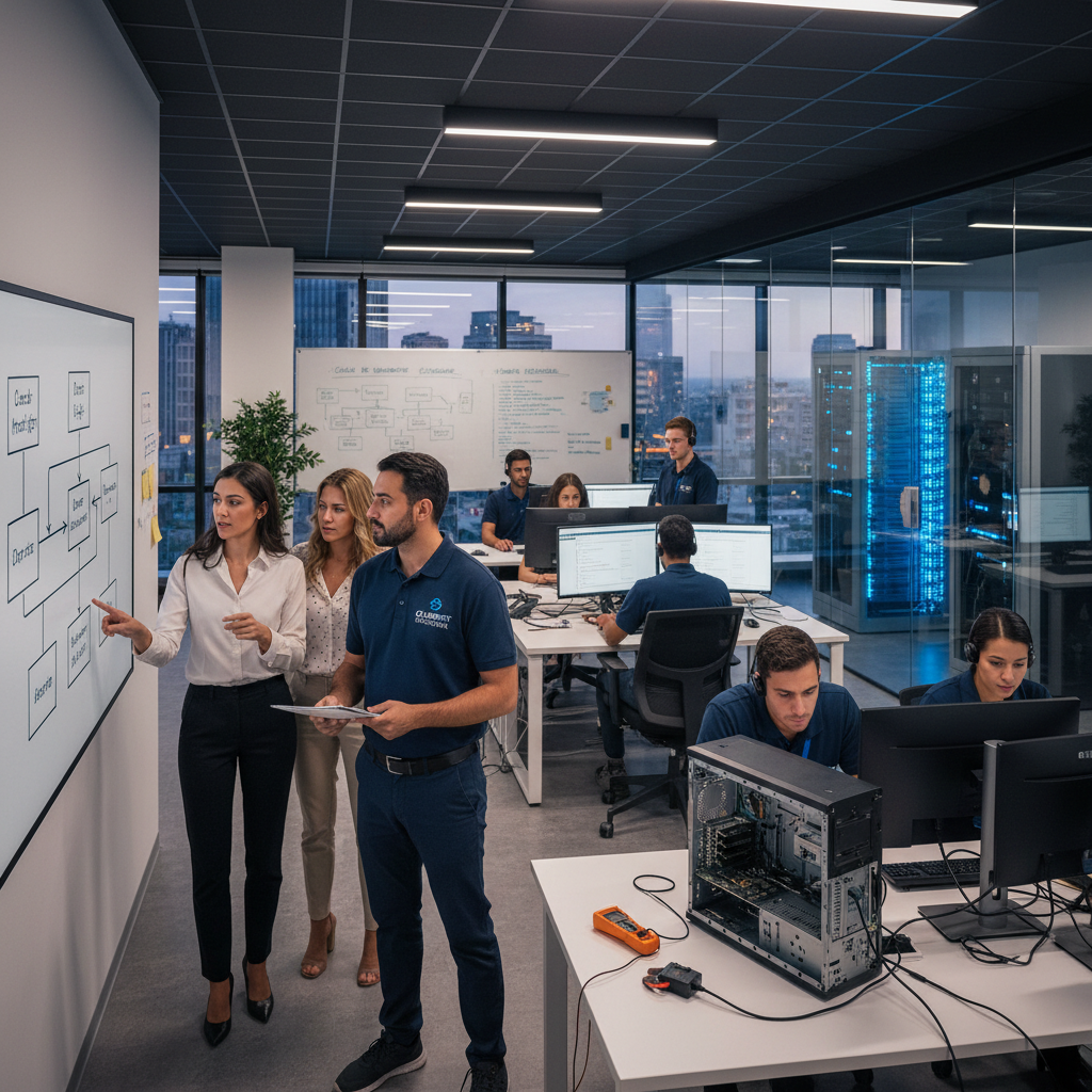 IT professionals collaborating in a modern office environment with technology