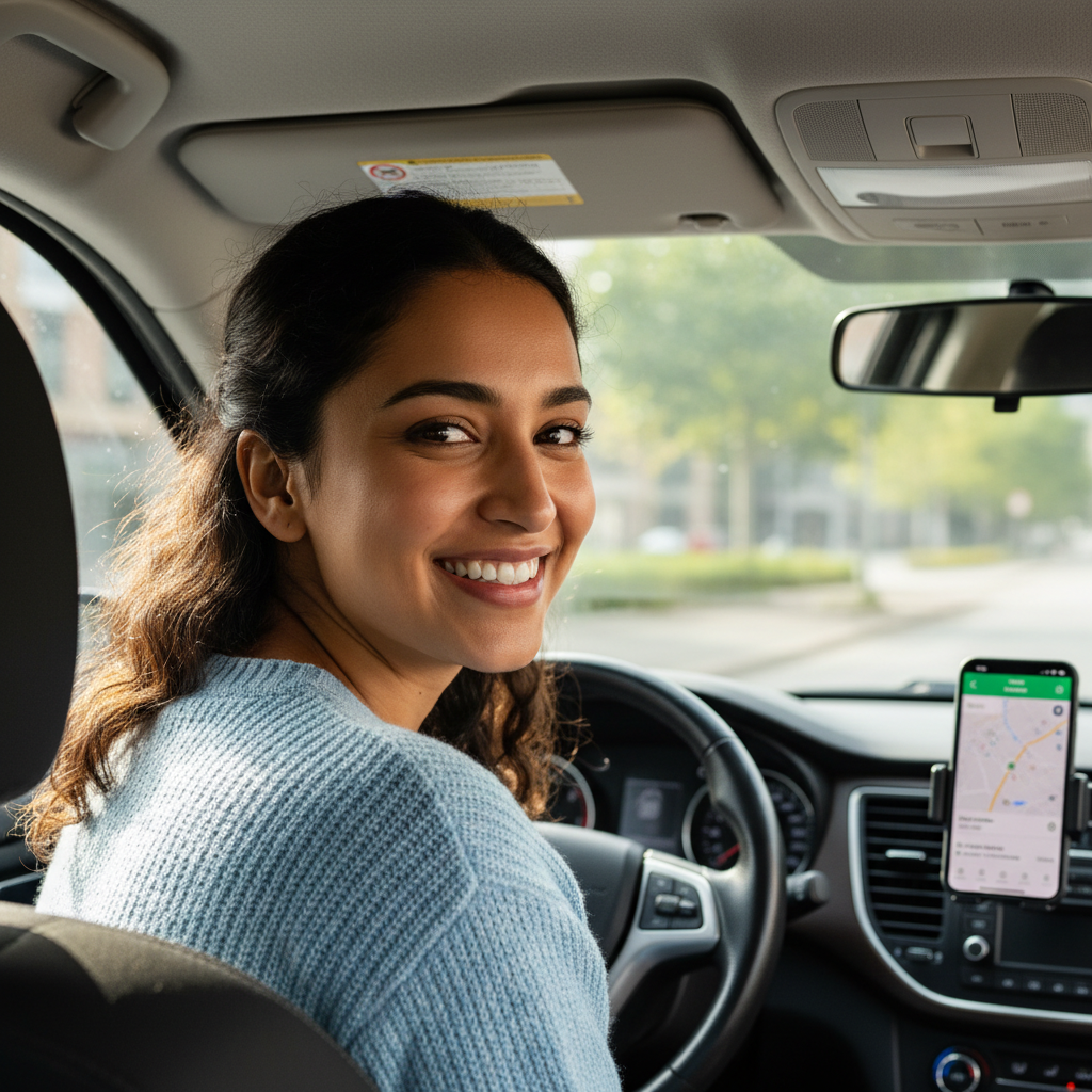 South Asian woman smiling in a car with rideshare app visible on dashboard mount