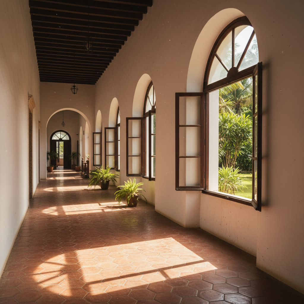 Portuguese colonial architecture corridor with terracotta tiles and arched windows at Casa Arvona