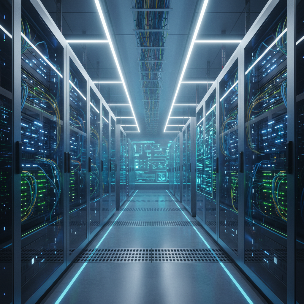 Bright modern data center corridor with white server racks, clean well-lit industrial space, airy open environment