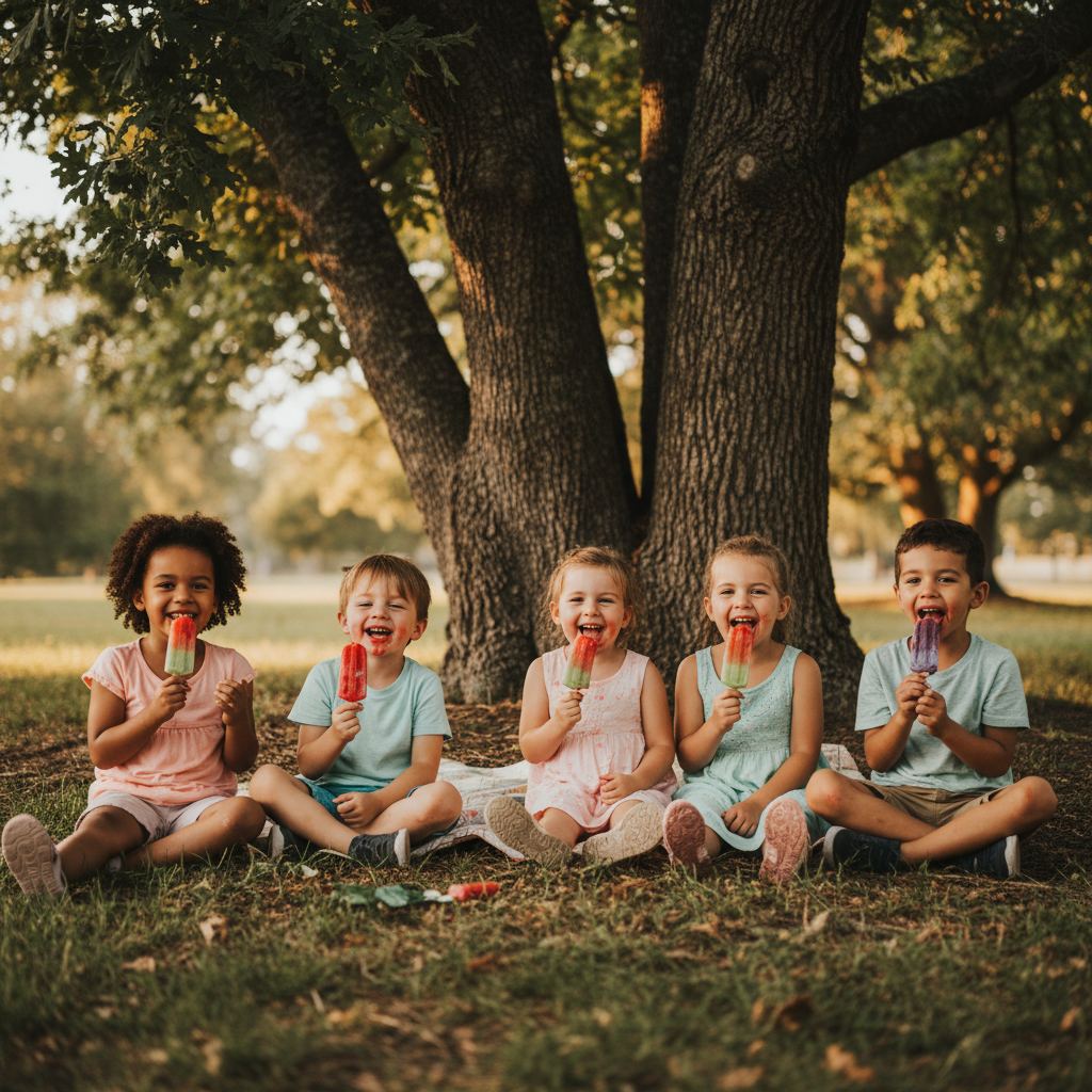 Kids sitting in the shade eating popsicles with stained grins