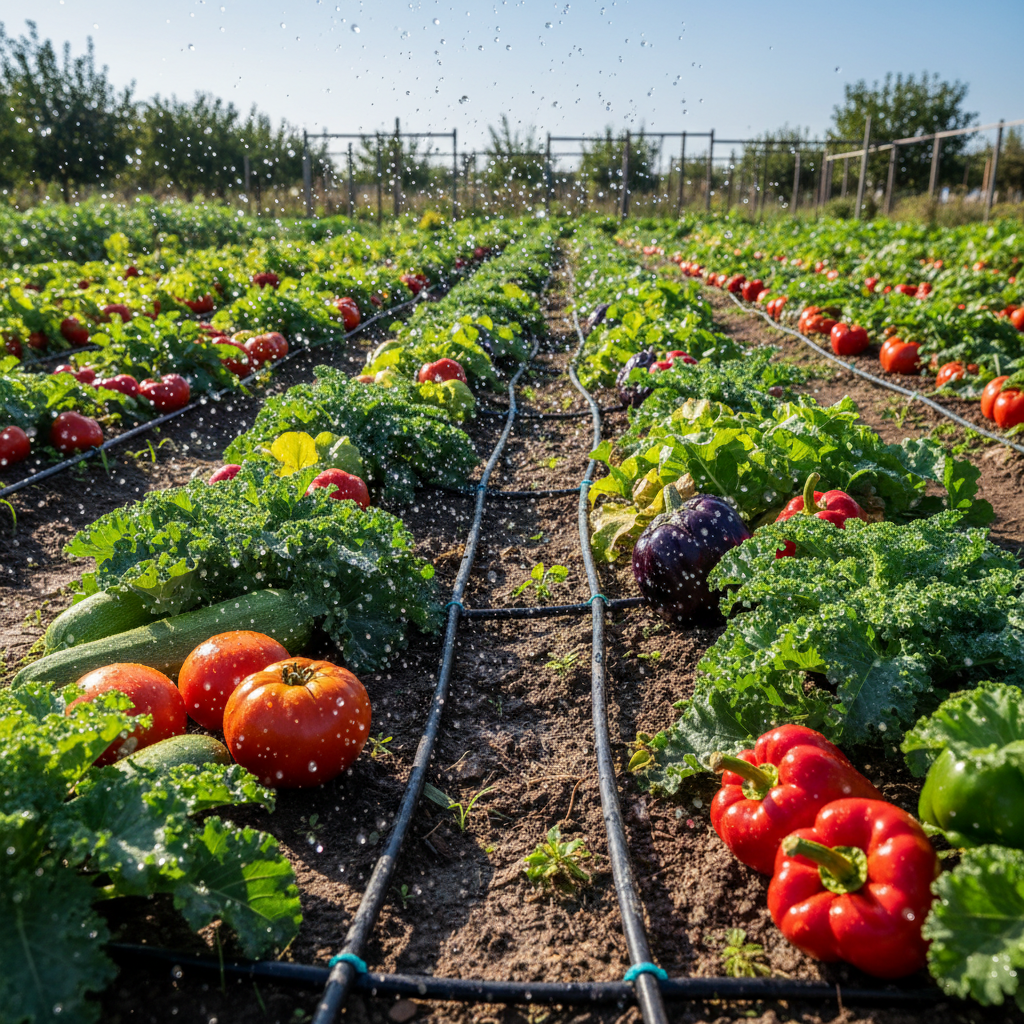 Drip irrigation system installed in vegetable garden, green plants, water drops on leaves