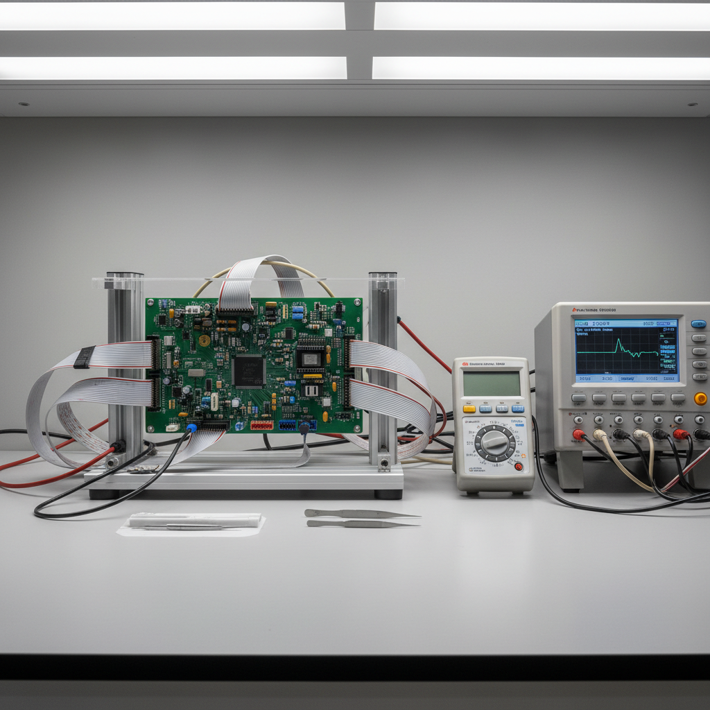 Functional test fixture with PCB under test connected to measurement equipment