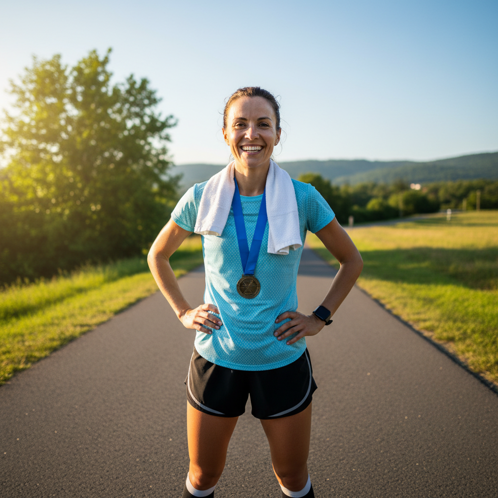 Meera Desai, marathon runner, athletic woman smiling outdoors