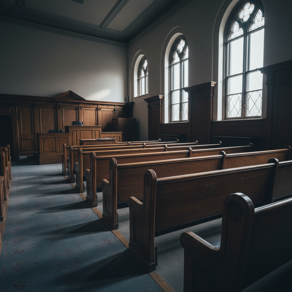 Courtroom interior with wooden benches, dim overhead lighting, dark wood paneling, shadowed judicial atmosphere