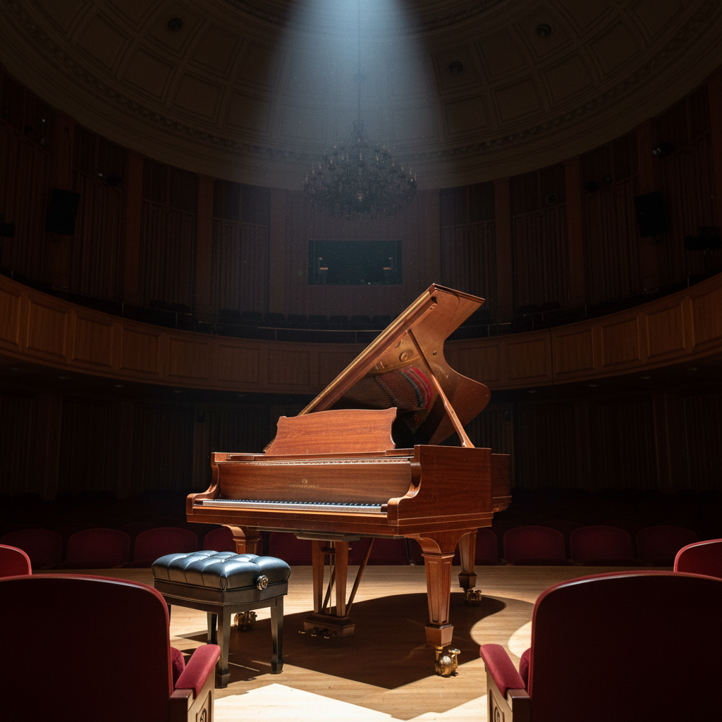 Grand piano keys in a dimly lit concert hall with dramatic spotlight from above