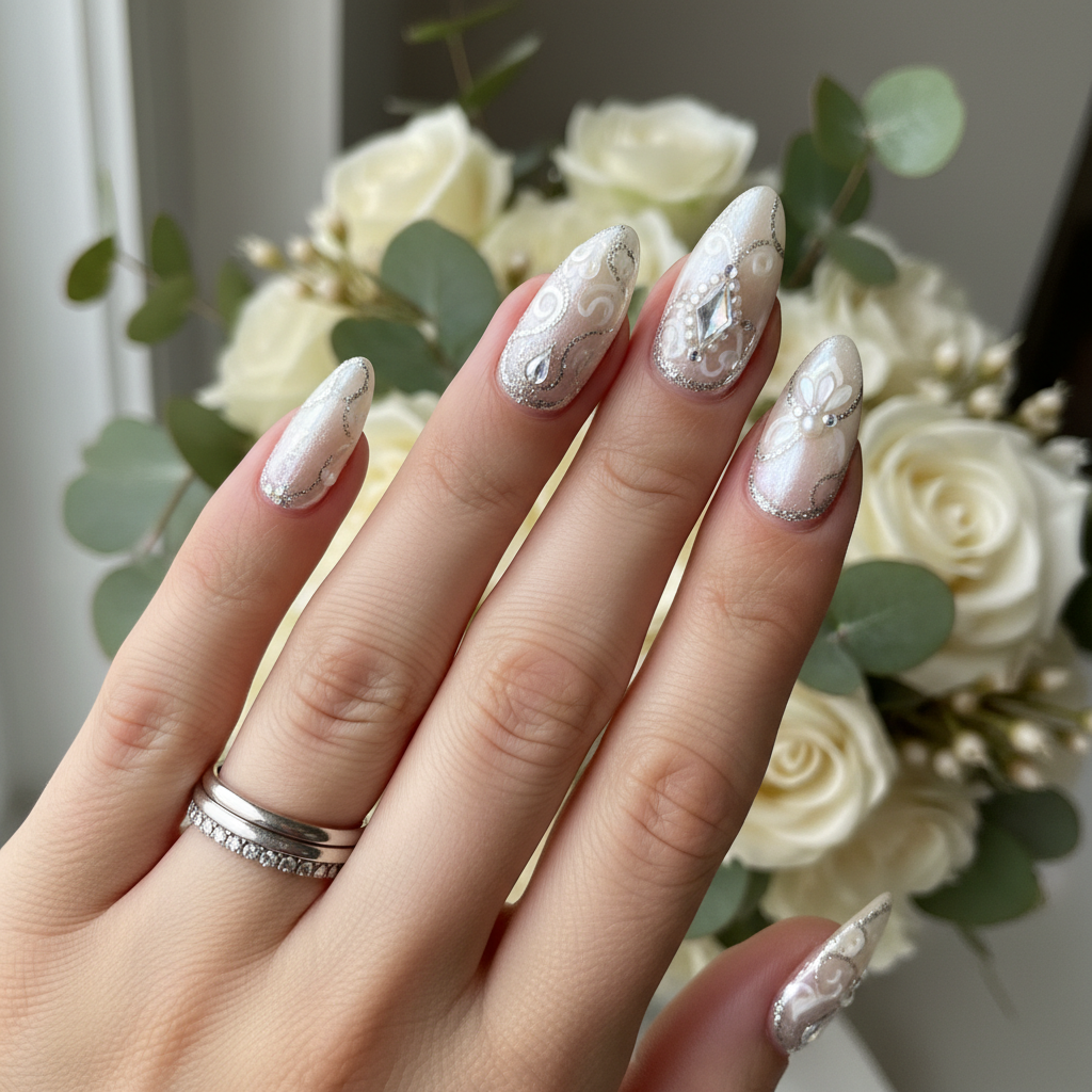 Elegant bridal nail art with white lace pattern on ivory background, soft romantic lighting, airy clean environment