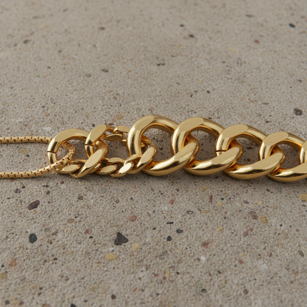 Gold chain bracelet on wrist against bright open background showing durable waterproof jewellery