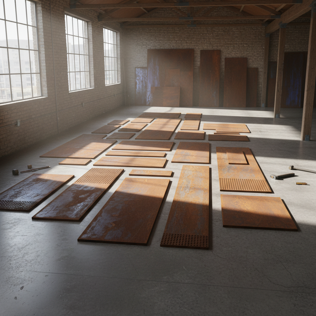 Cor-Ten steel sections laid on studio floor for arrangement