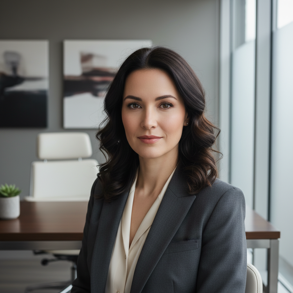 Professional woman portrait, elegant dark blazer, bright confident expression, clean light background, executive presence