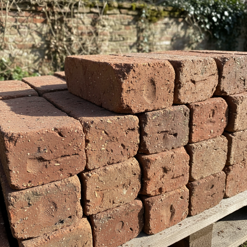 Handmade country bricks from mid-Victorian Bromley, russet-red with sand creases showing hand-moulded character