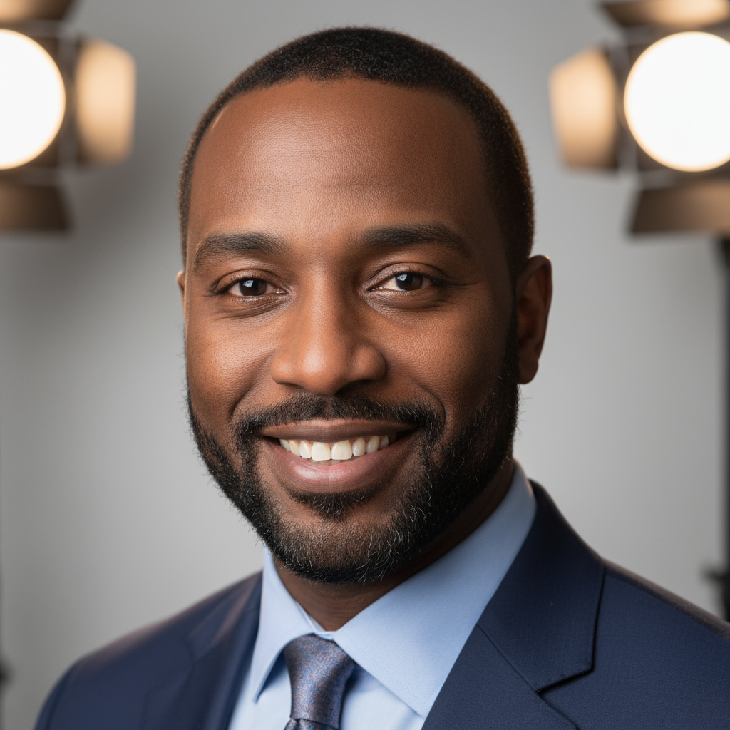 African American man in casual tech attire, confident expression, studio lighting