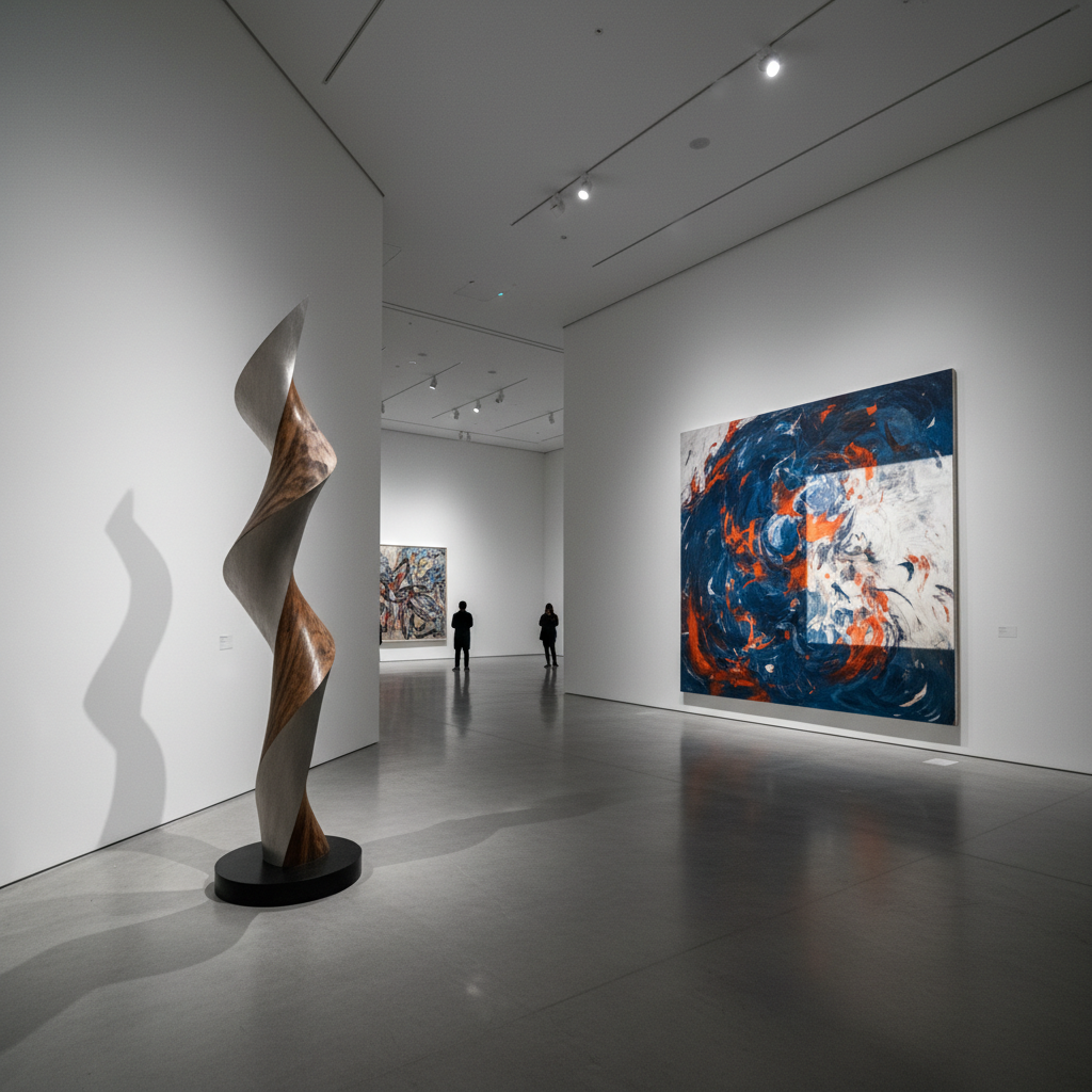 Contemporary art gallery with dramatic spotlit artwork, dark walls, moody atmospheric gallery lighting