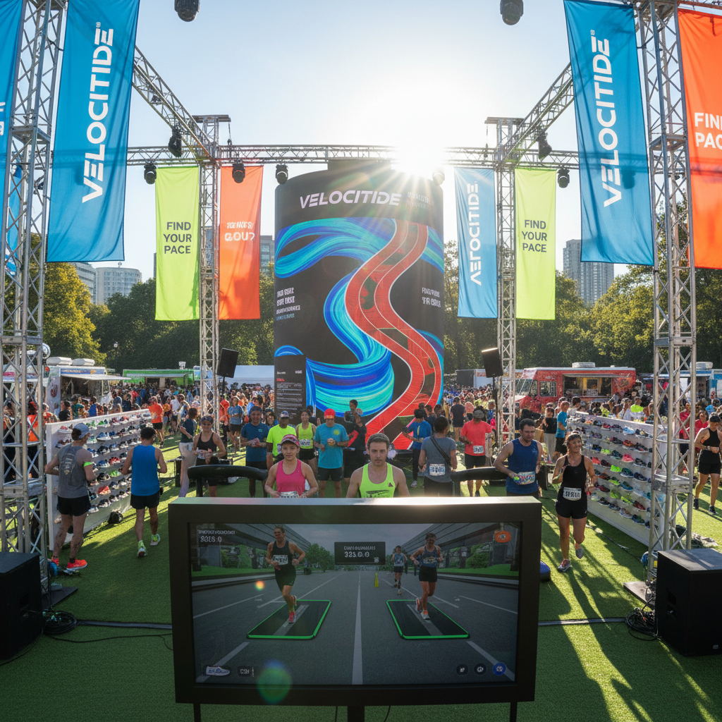 Brand activation pop-up event with neon signage, dark background, people engaging with displays