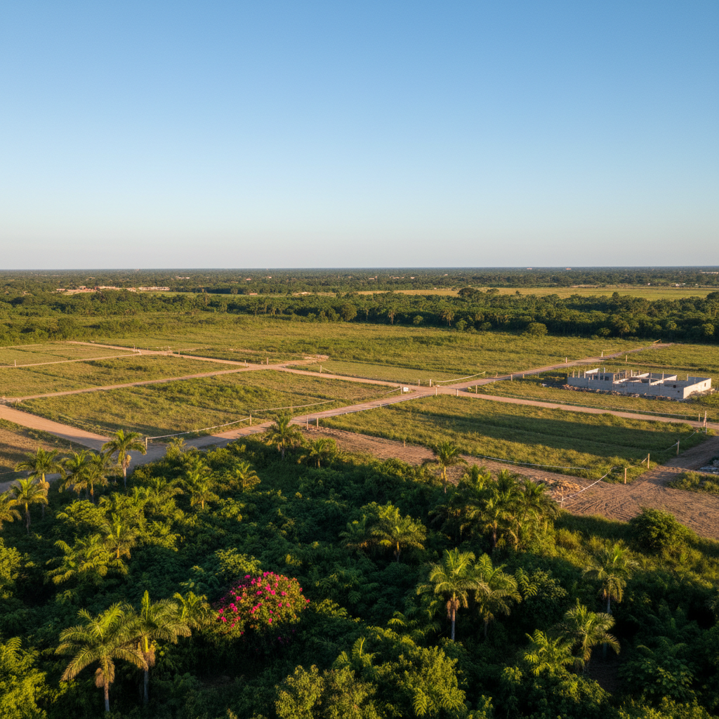 Aerial view of cleared land in a lush tropical setting with deep green trees and open ground ready for development, bright Caribbean daylight