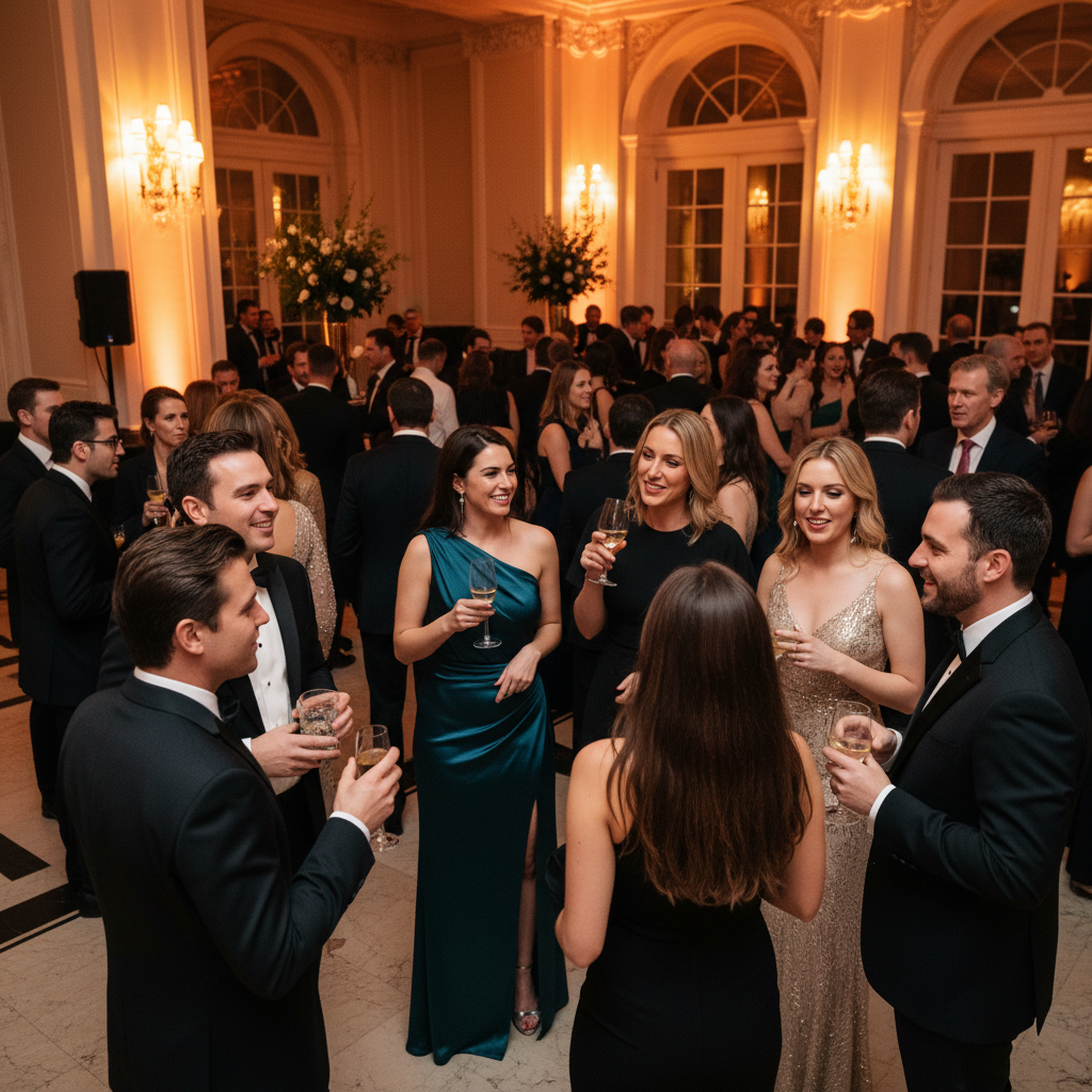 Diverse group of gala attendees laughing and networking at cocktail hour