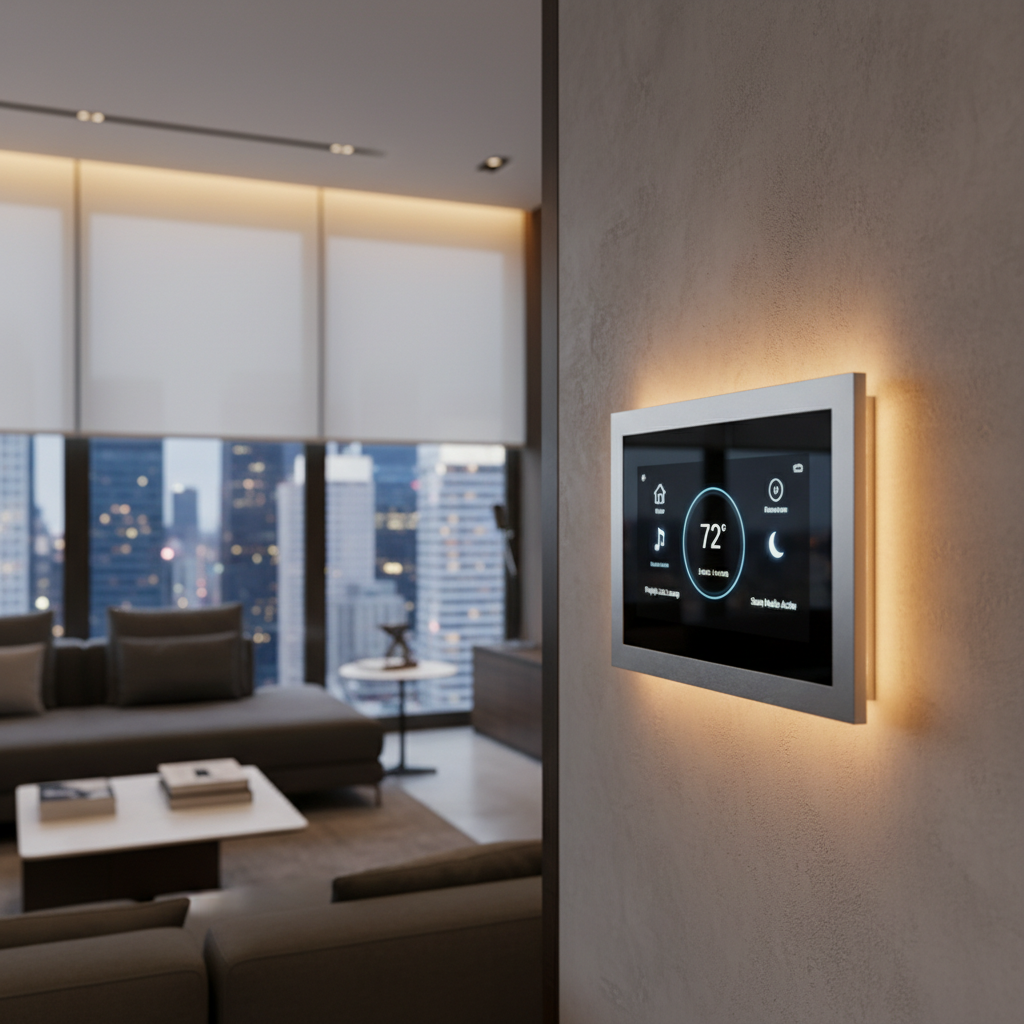 Luxury penthouse interior at dusk with dramatic smart lighting, automated curtains, dark wood finishes, atmospheric low lighting