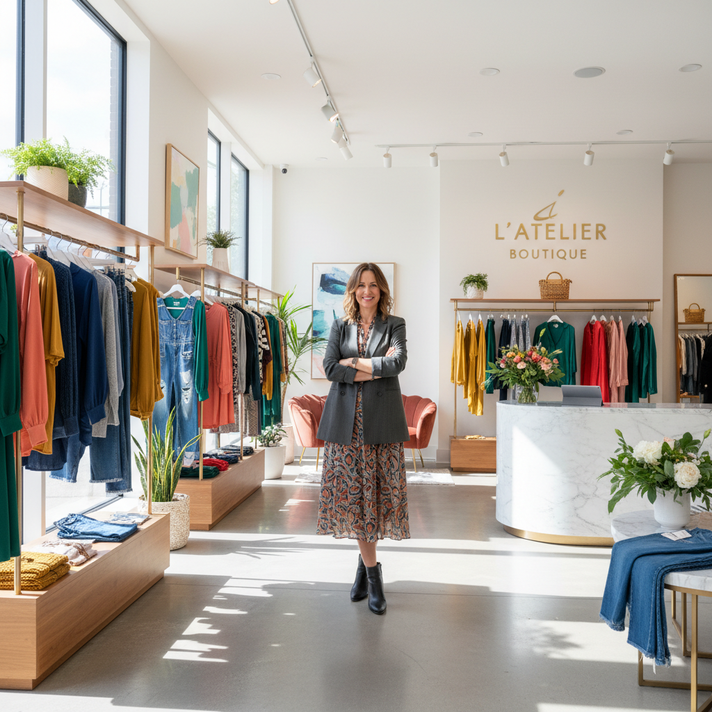 Happy woman shopping in bright boutique with shopping bags, warm inviting store atmosphere