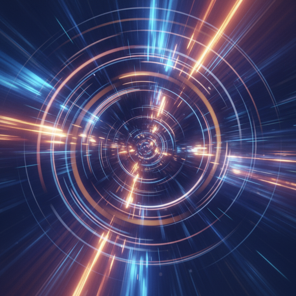 Dark tunnel with electric blue light trails showing high-speed motion blur and deep atmospheric shadows