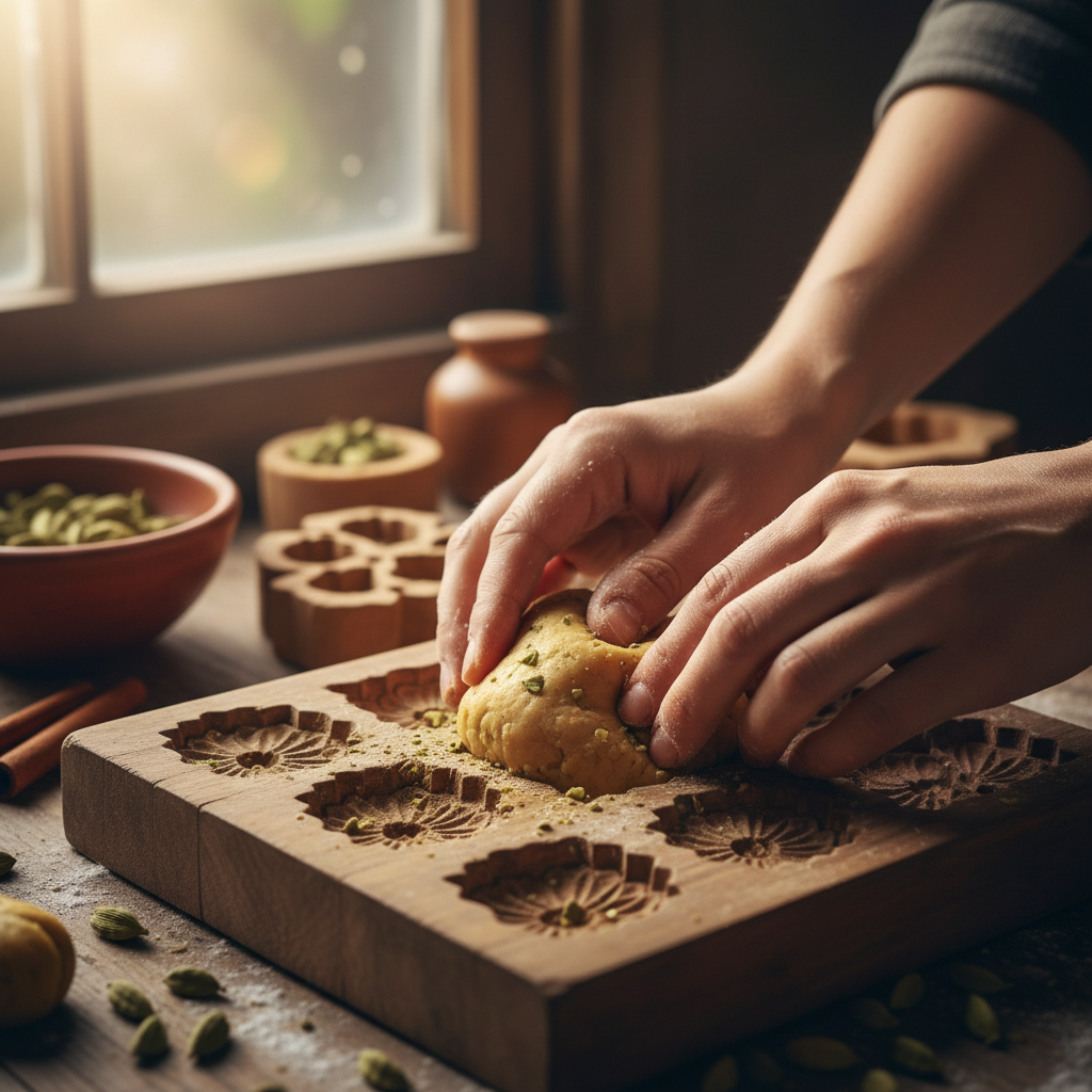 Artisan hands pressing cardamom-scented dough into traditional wooden molds for festive sweets