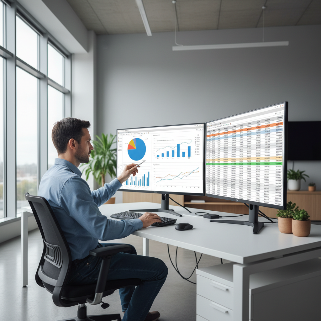 Professional laptop setup with dual monitors and software interface