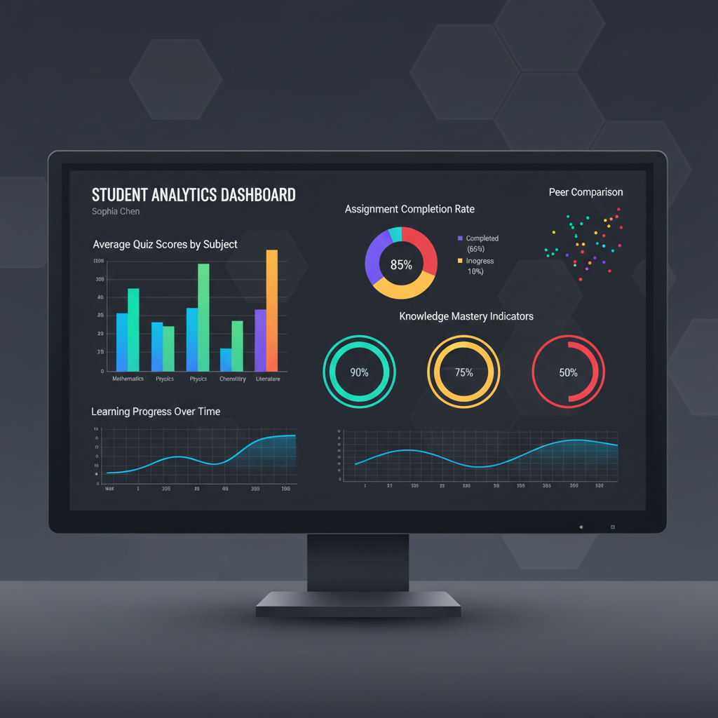 Clean academic dashboard interface with student grade charts, attendance graphs, and blue accent colors on white background