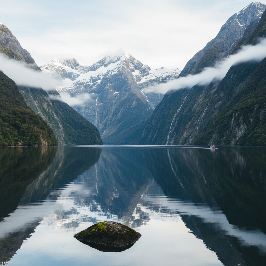 Mitre Peak in Milford Sound under a star-filled Southern Hemisphere sky with reflections in the fiord