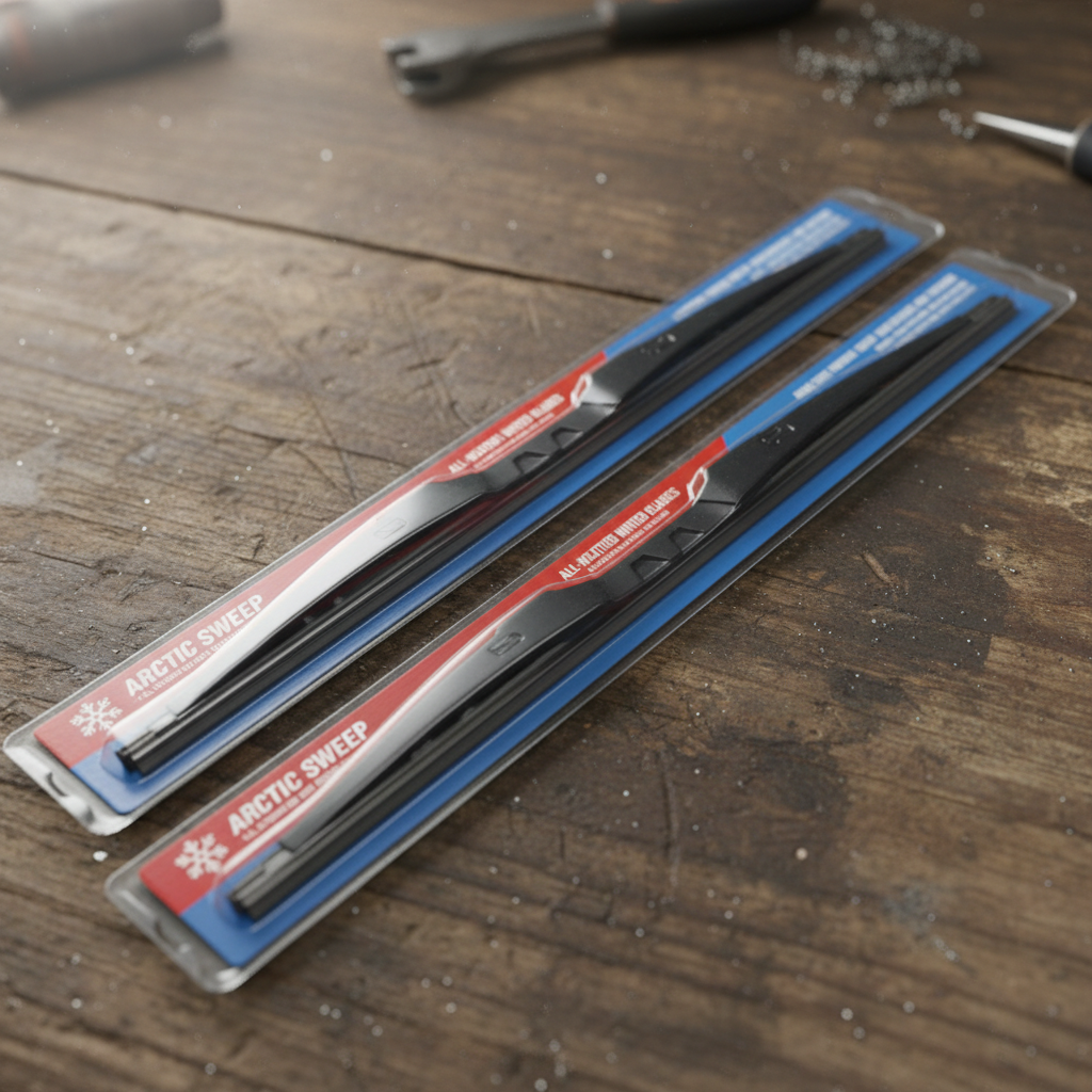 Winter wiper blades still in packaging arranged on workbench