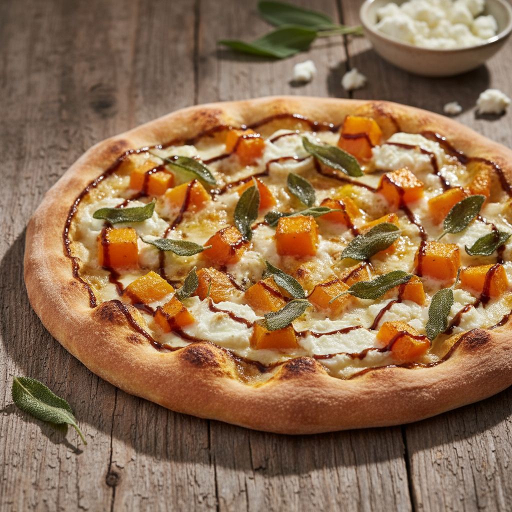 Saisonale Pizza mit gerösteten orangen Butternut-Kürbiswürfeln, Ricotta-Tupfen, knusprigem Pancetta und Salbeiblättern