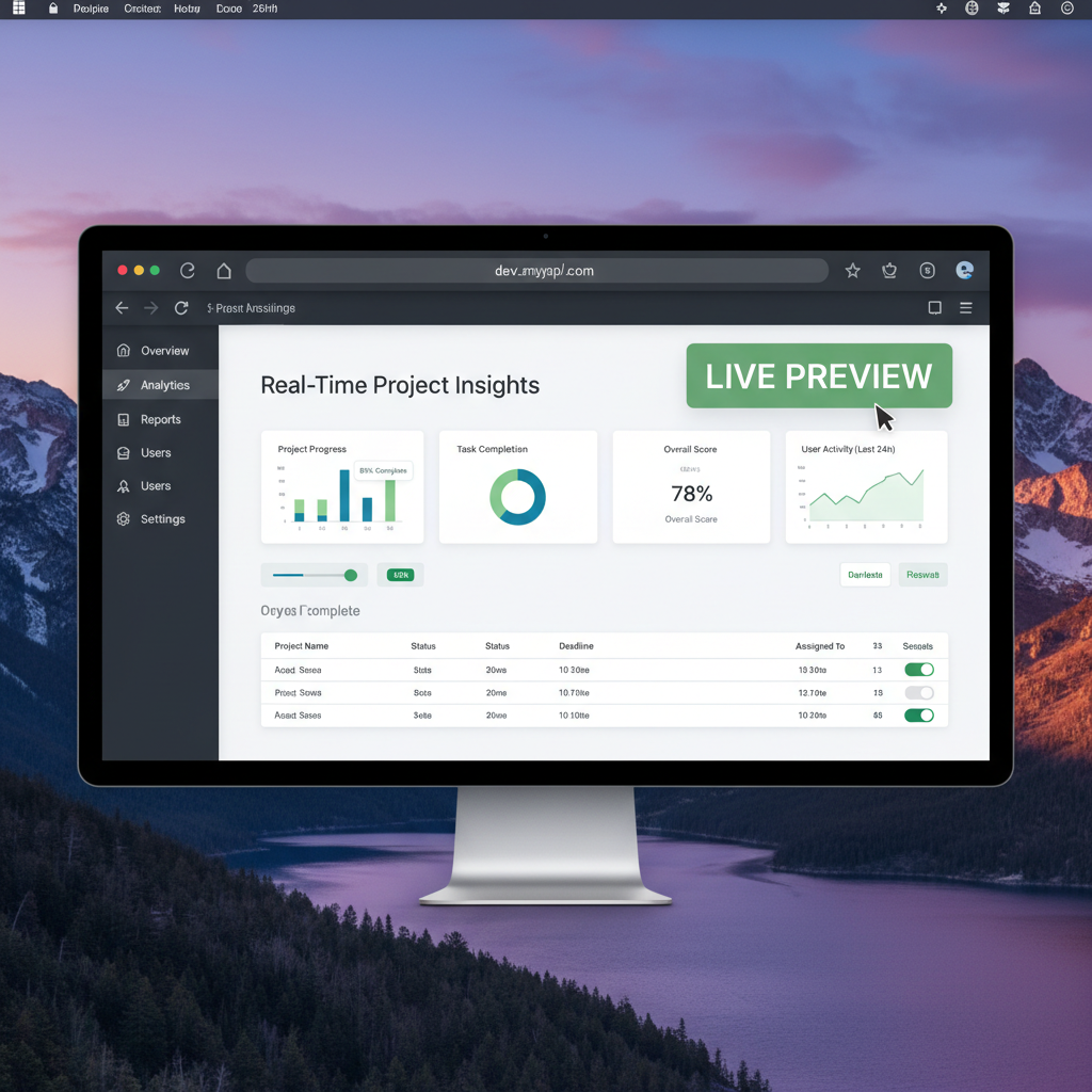 Browser preview panel showing a fully rendered SaaS dashboard with sidebar and charts