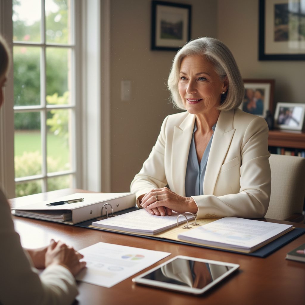 Senior care consultant Margaret Holloway seated at conference table with documents, natural window light, engaged posture during client consultation