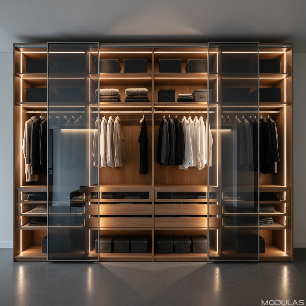 Walk-in wardrobe with floor-to-ceiling shelving and soft internal lighting
