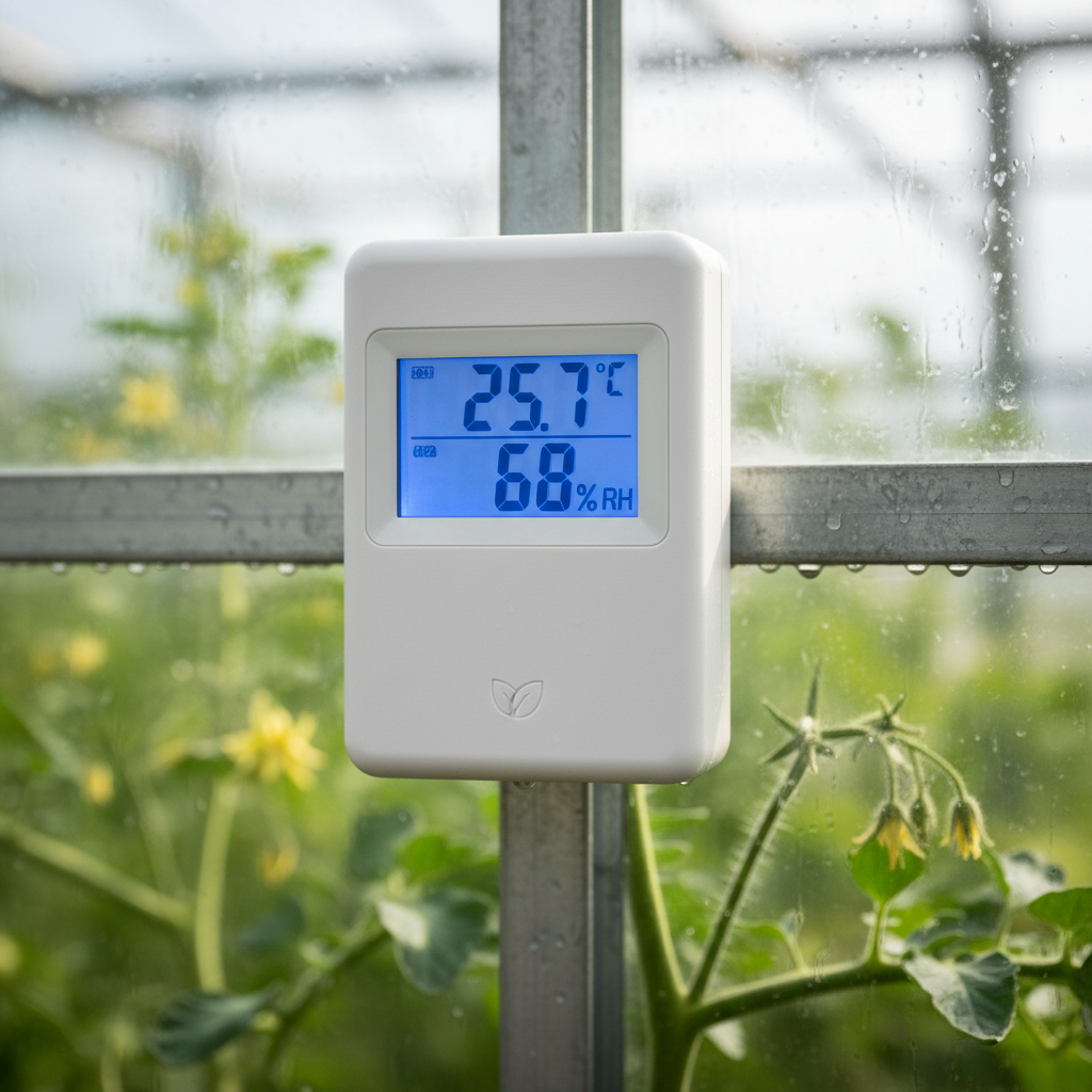 Compact white climate monitoring station mounted inside a greenhouse, digital display showing temperature and humidity readings