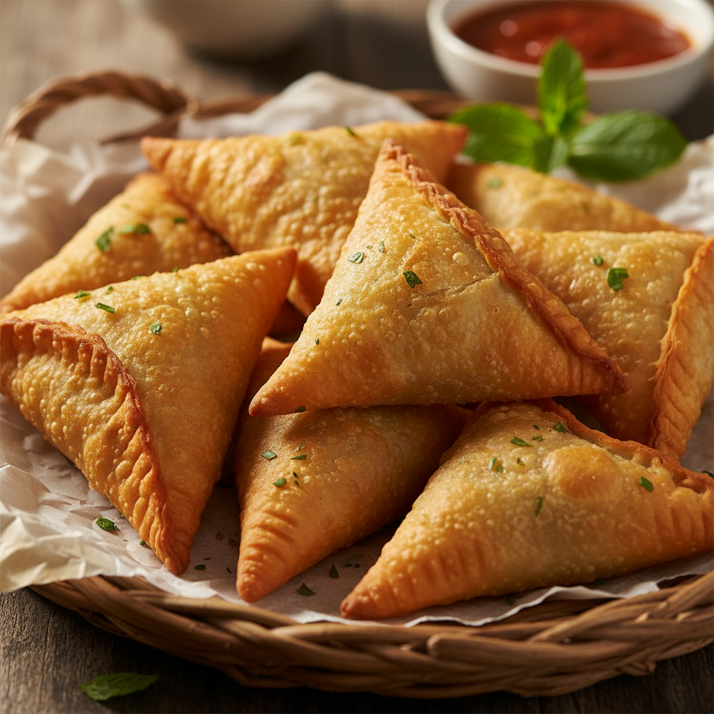 Freshly fried sambousek pastries showing their perfect golden crispy folded edges