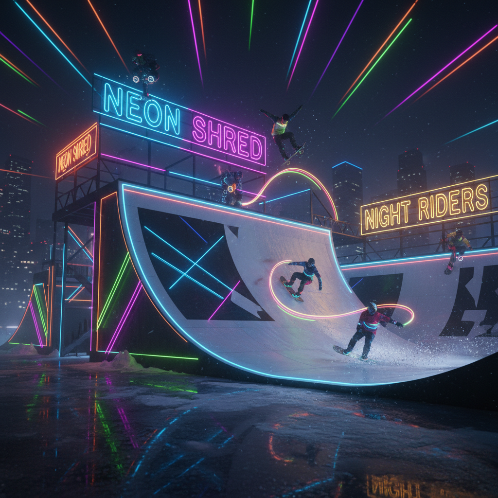 Live webcam view of the neon-lit halfpipe at night with riders dropping in