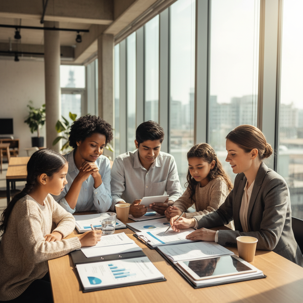 Mature African American couple reviewing retirement planning documents with a financial advisor in a modern office, warm professional lighting