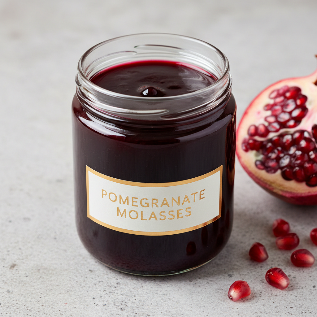 Deep ruby pomegranate molasses in a glass jar beside fresh pomegranate