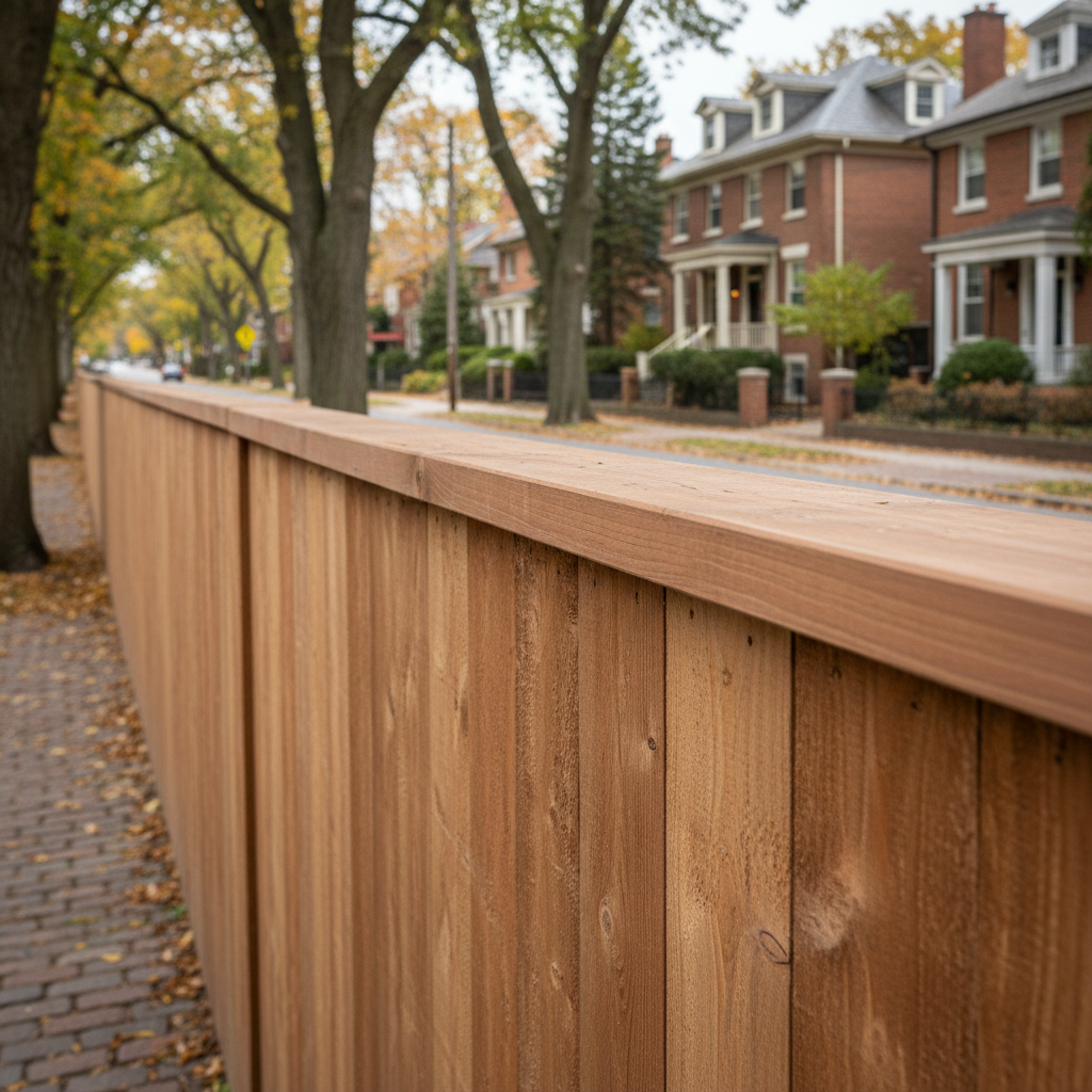 Stained cedar fence with cap rail in a heritage conservation district in North York