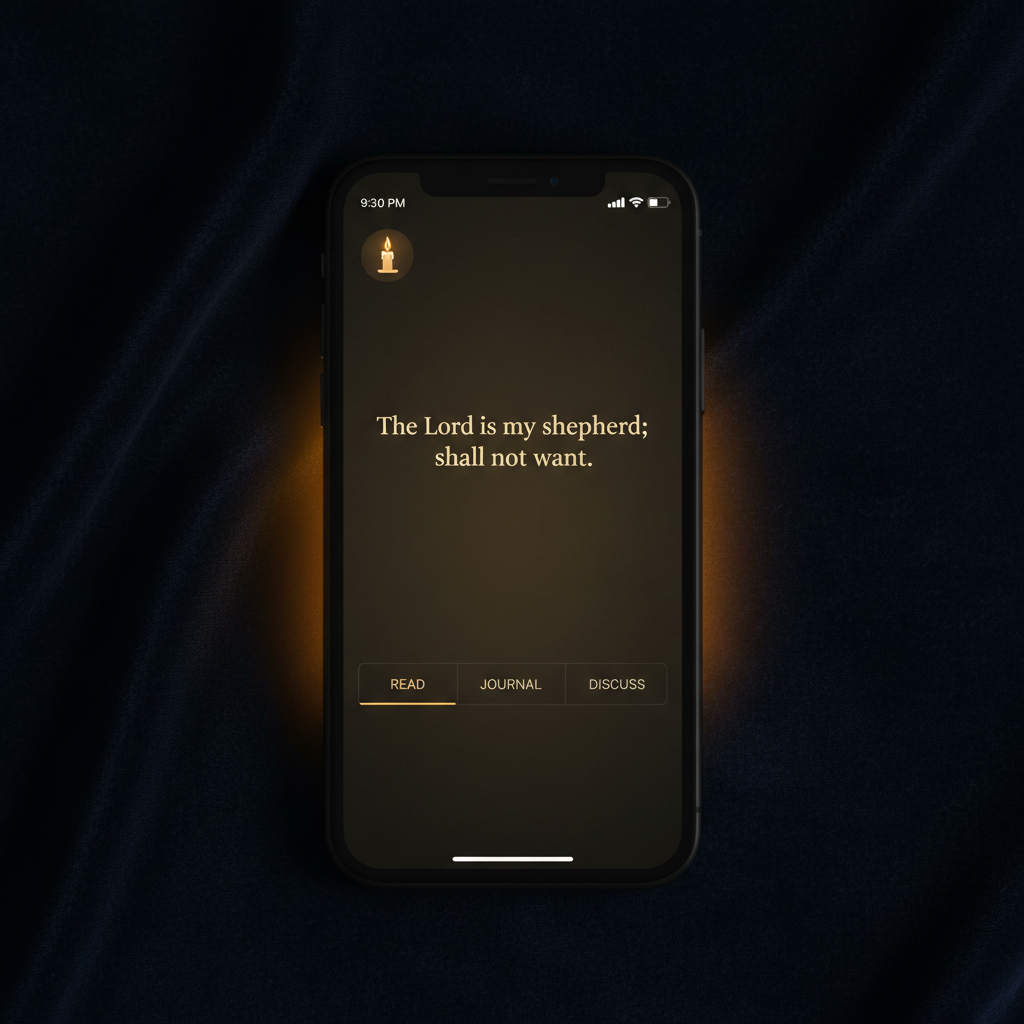 Church app interface on dark phone screen, purple and gold UI elements, event listing cards