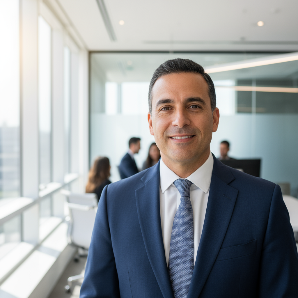 Professional businessman in navy suit with confident smile in modern office environment