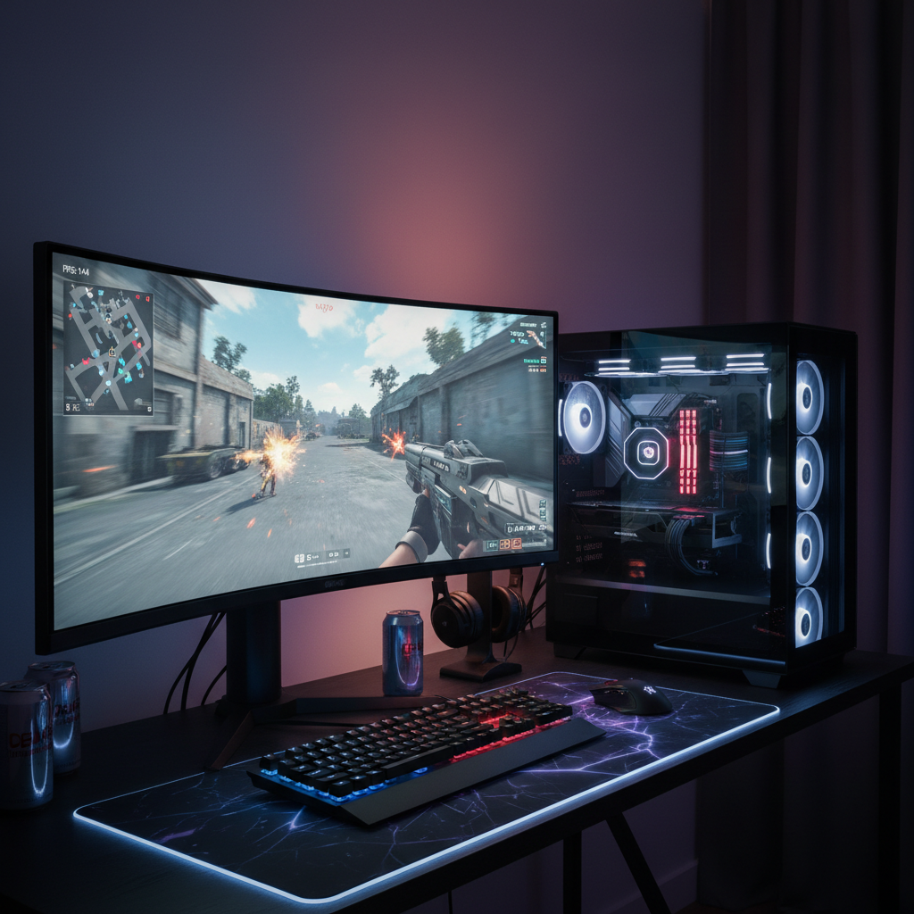 Gaming setup with multiple monitors showing first-person shooter game