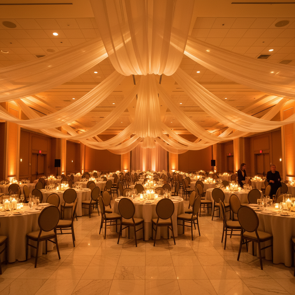 Transformed corporate ballroom with candlelit tables, sheer organza ceiling drape, and amber lighting one hour before gala guests arrive