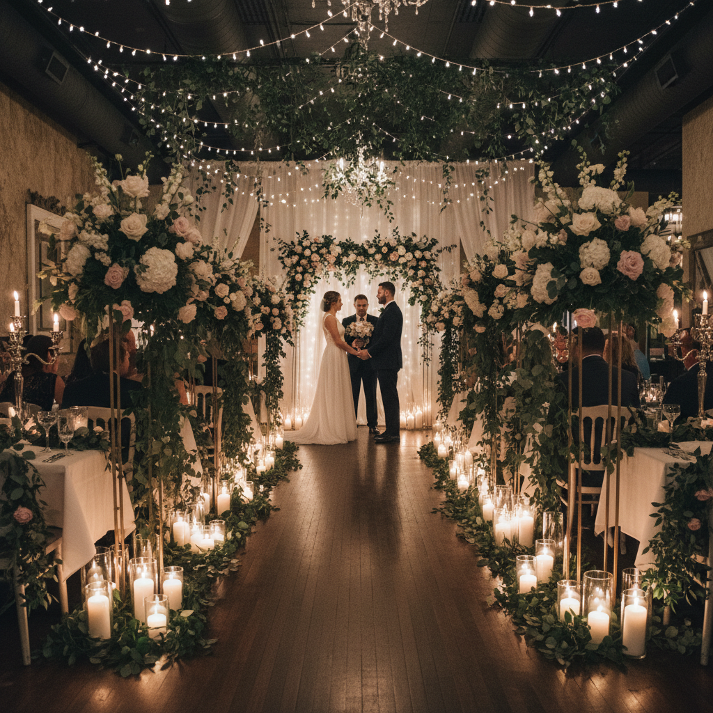 Wedding ceremony in a transformed restaurant dining room with candlelight and floral aisle decorations