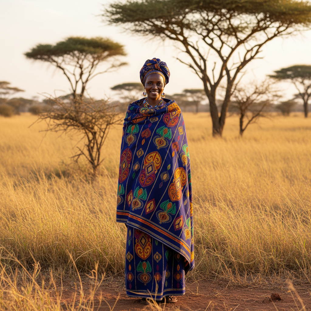Samburu elder in traditional red shuka and beaded ornaments standing against a golden acacia backdrop at sunset