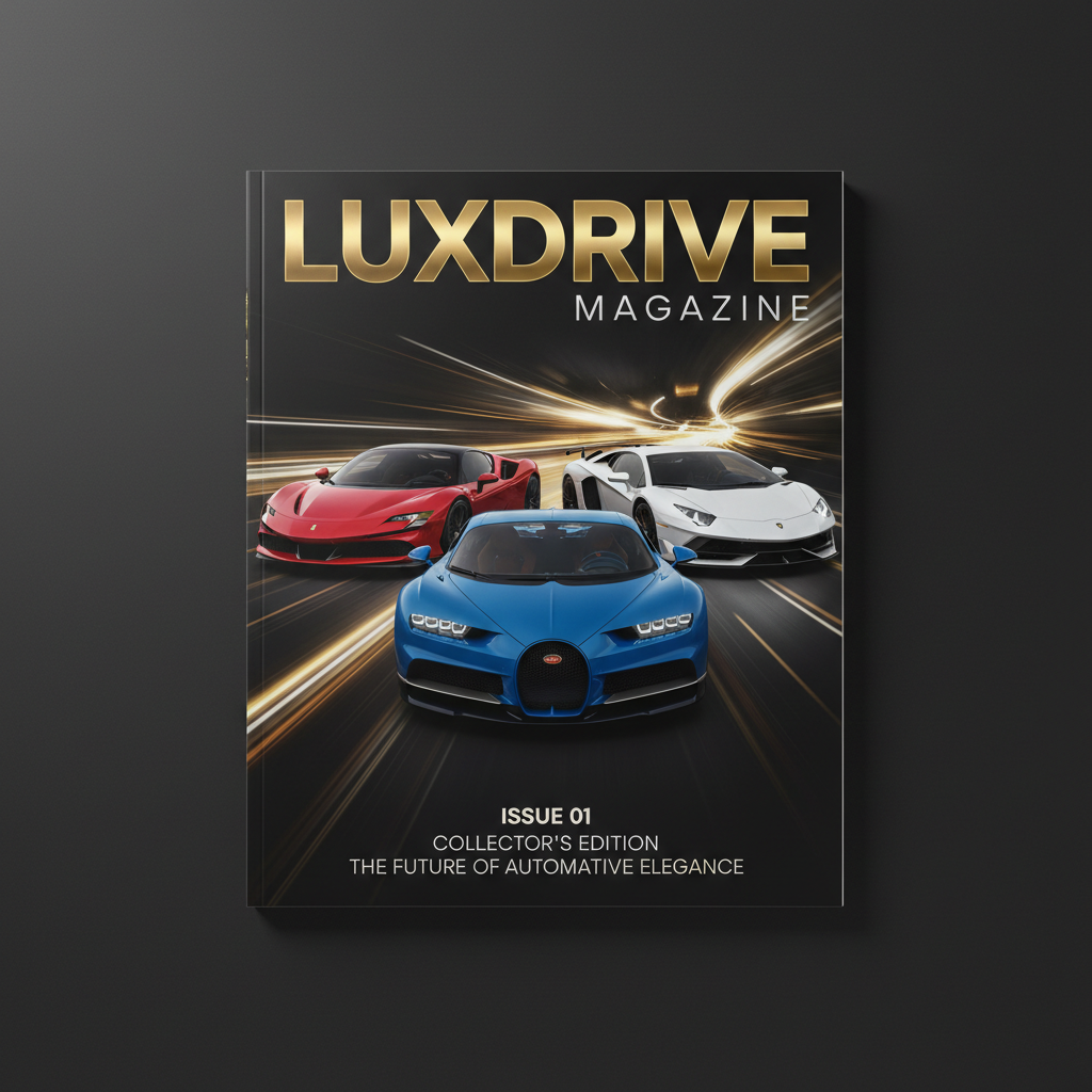 LuxDrive Magazine Issue 01 cover featuring luxury exotic cars, glossy print edition on dark background