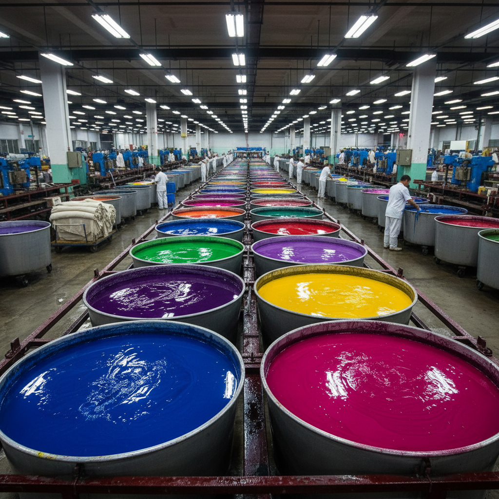 Colorful fabric dye vats in industrial dyeing facility showing vibrant textile colors