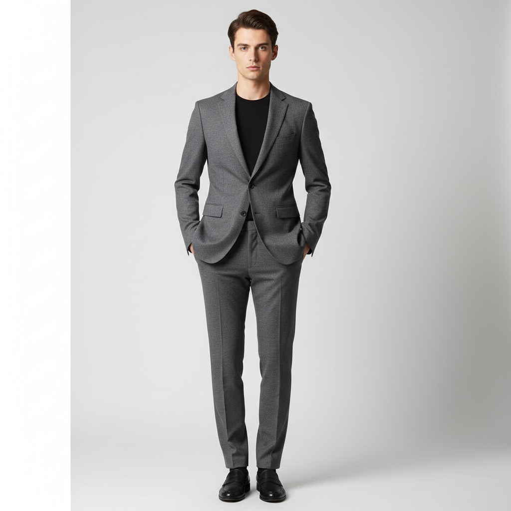SLF Atelier Suit — impeccably tailored charcoal two-piece suit on a male model in a white studio